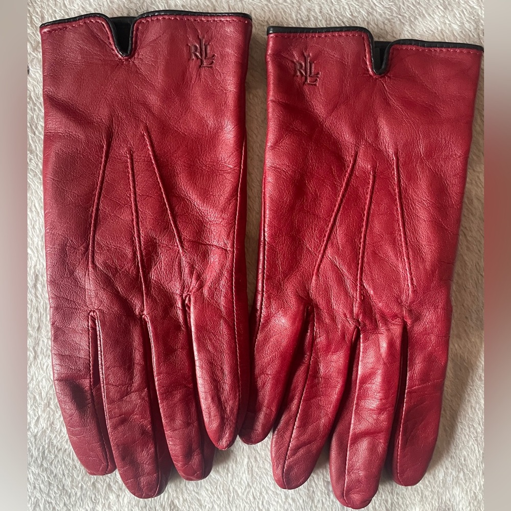 100% Leather Ralph Lauren Deep Red Gloves- Ladies XL